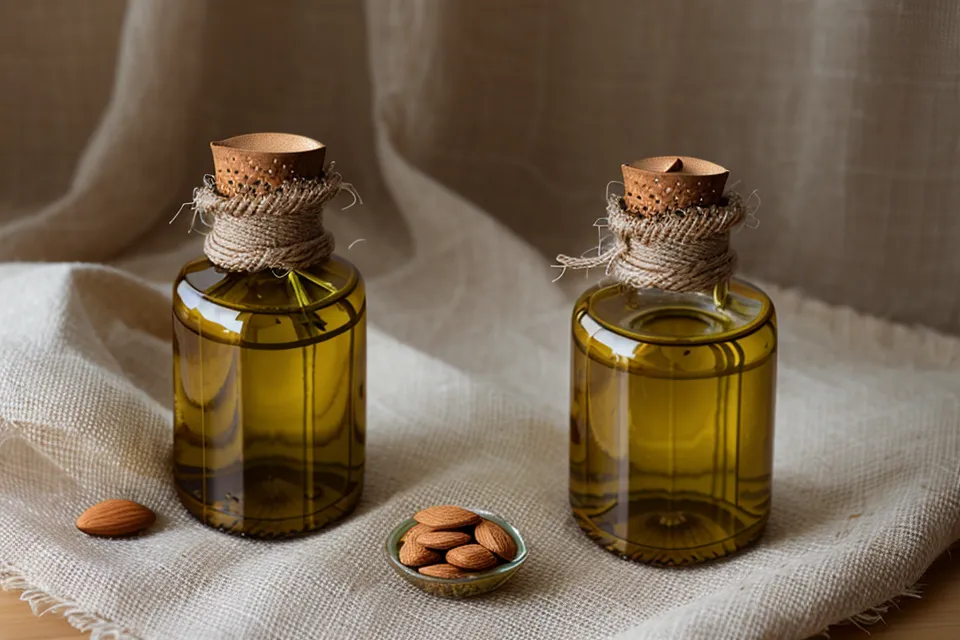 Primer plano de aceite de almendras y rodillo de madera para maderoterapia facial.