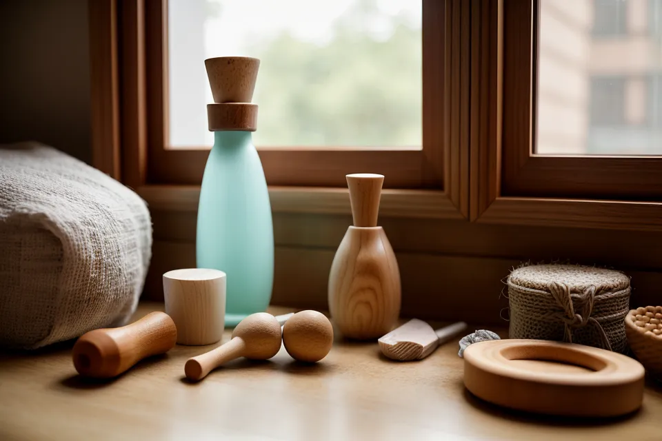 Herramientas de madera para maderoterapia facial sobre baldosas de terracota, listas para una rutina de piel sensible.