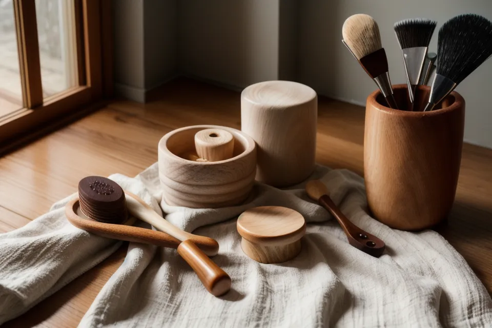 Herramientas de maderoterapia facial guardadas en un cajón de madera, set básico para maderoterapia principiantes