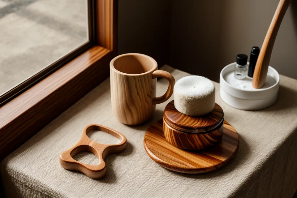 Kit básico de 5 piezas de madera para masaje facial sobre una toalla blanca.