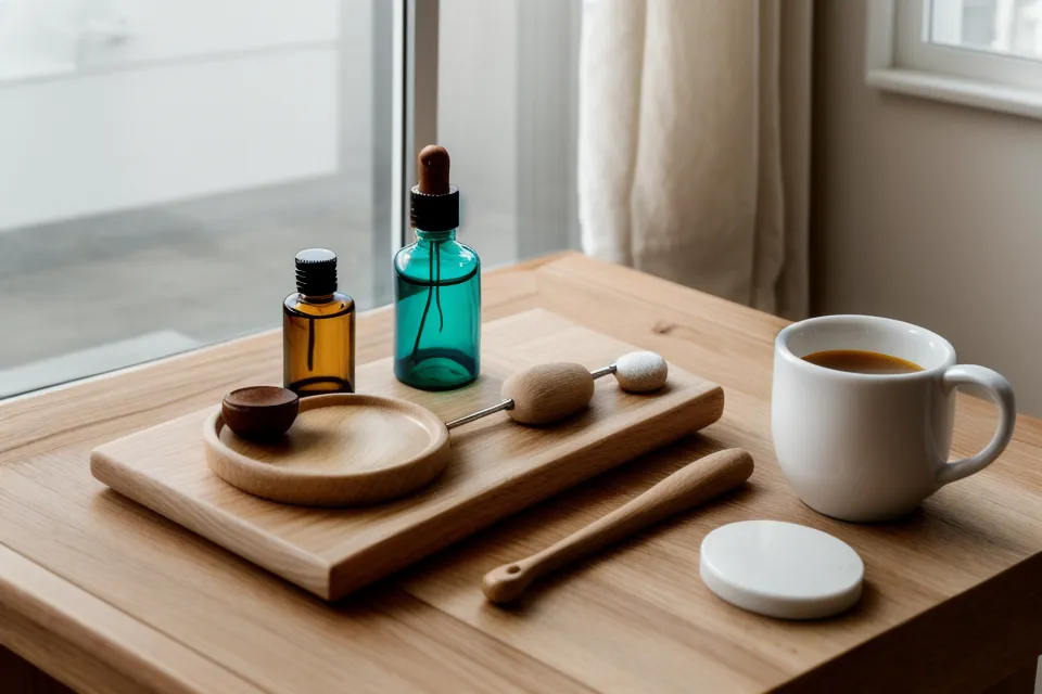 Ritual de maderoterapia facial profesional en casa, bienestar digital de domingo con palos de madera