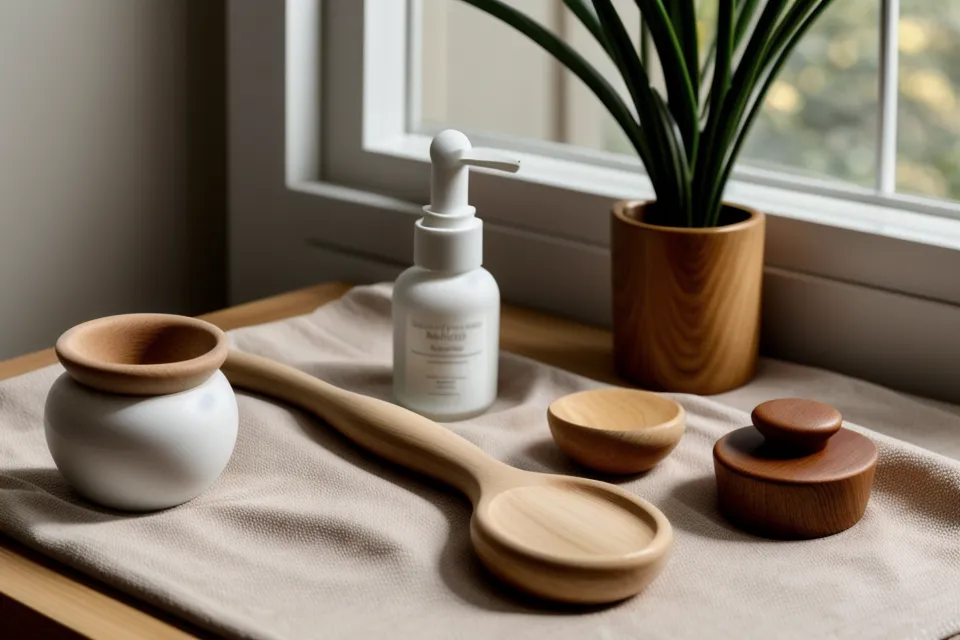 Caja de madera con rodillos lisos y estriados de maderoterapia facial ordenados para el autocuidado en casa del sábado