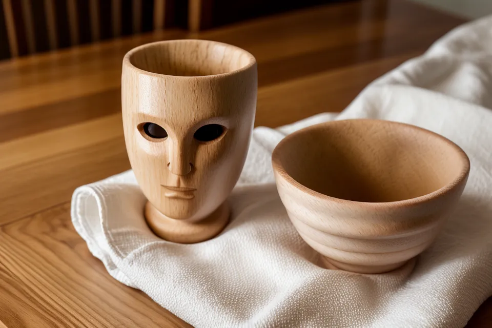 Copa sueca de madera para masaje facial sobre una toalla