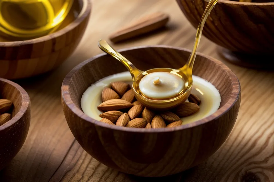 Aceite de almendras tibio listo para el masaje facial con hongo de madera.