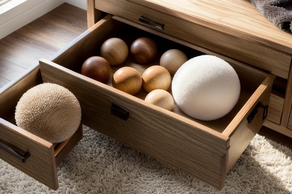 Cajón con el hongo de madera y herramientas de maderoterapia guardados tras el uso.