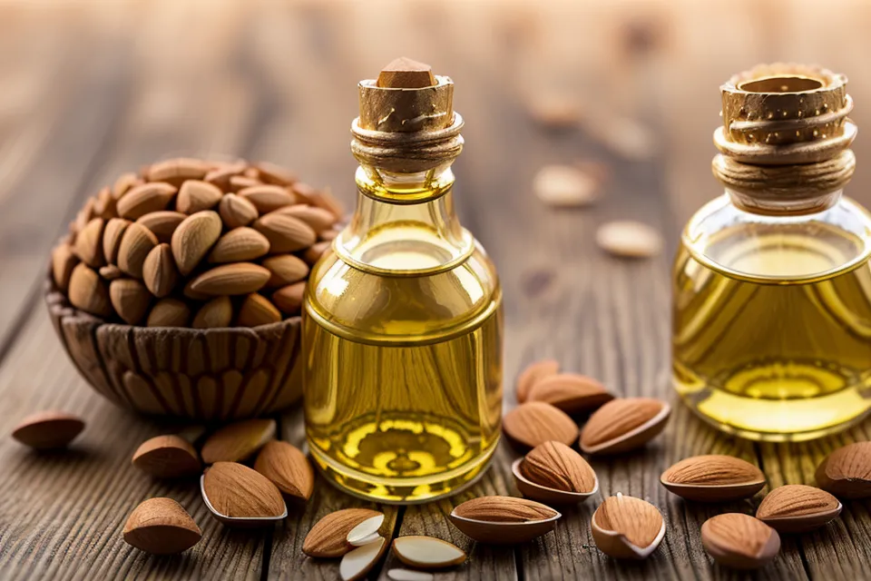 Frasco de aceite de almendras tibio para la rutina de maderoterapia facial contra el bruxismo