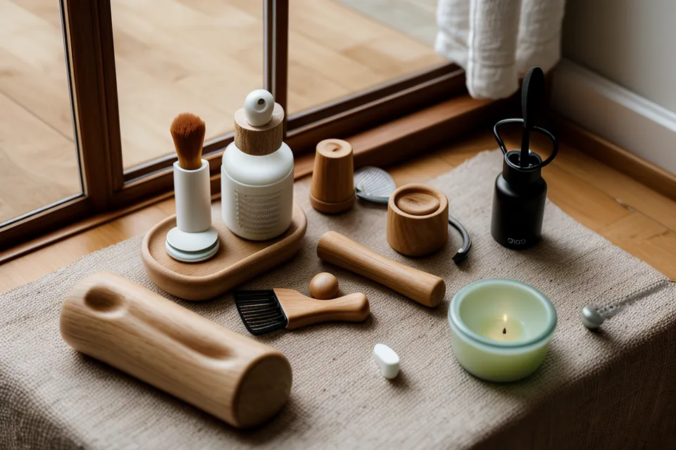 Aceite para maderoterapia facial bajo el sol, parte de un ritual de autocuidado en casa