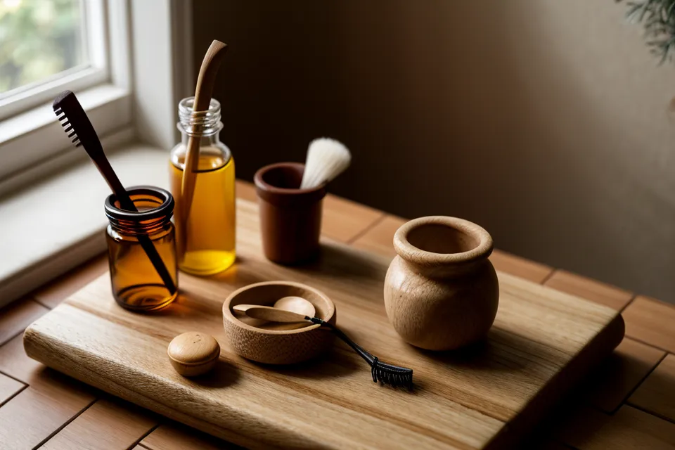 Rodillo de jade y palo de madera para maderoterapia facial, comparados sobre la mesada de casa