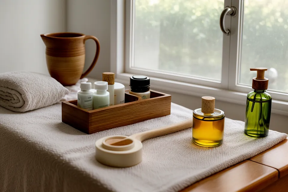 Botella de 50ml de aceite de almendras entibiándose antes de una rutina de maderoterapia facial en invierno