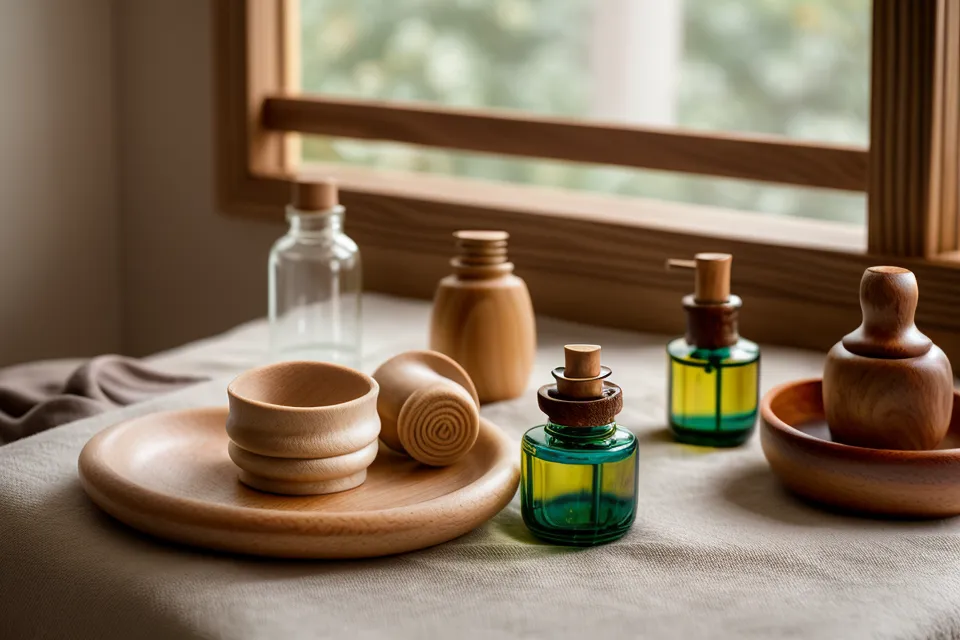 Herramientas de madera de maderoterapia facial organizadas ordenadamente en un cajón, listas para la rutina nocturna