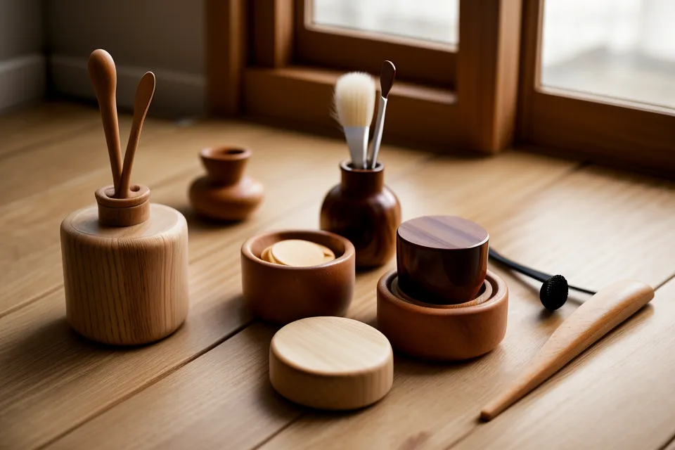 Herramientas de madera para maderoterapia facial pulidas y ordenadas, pensadas para cuidado de piel sensible