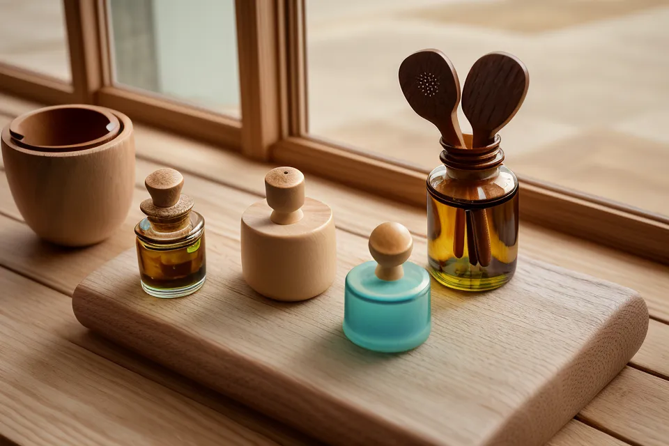 Maderoterapia facial en casa, rutina de domingo con aceite de almendras y set de madera sobre el escritorio