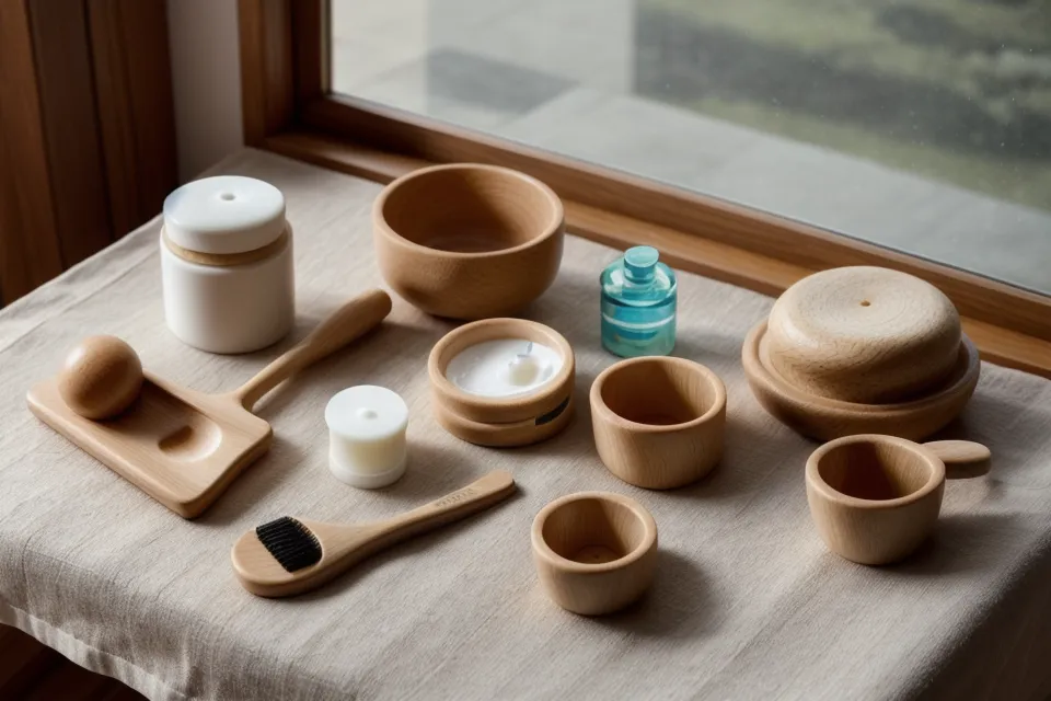 Copa sueca de madera y aceite de almendras junto a un curso online de maderoterapia facial