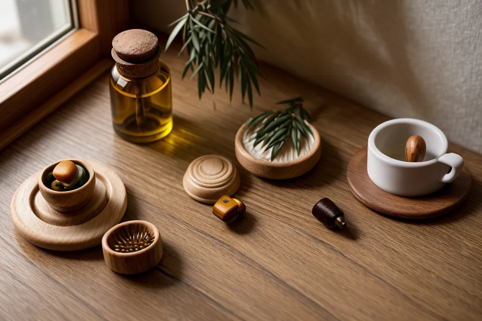 Herramientas de maderoterapia facial clasificadas sobre una mesa: las usadas y las que siguen impecables