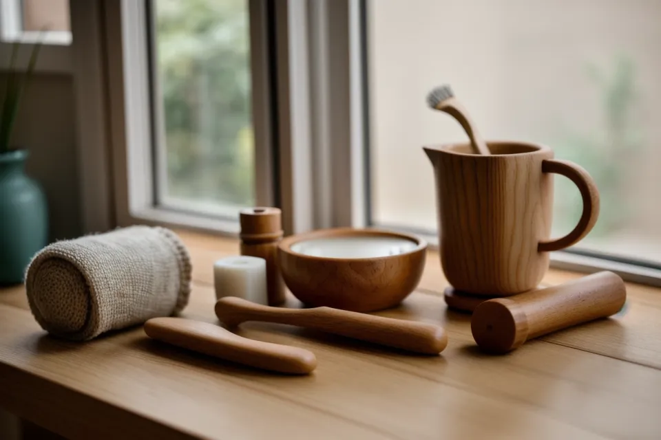Frasco de aceite de almendras junto a herramientas de madera para maderoterapia facial