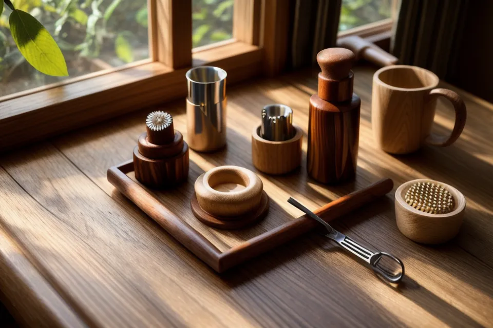 Kit de maderoterapia facial sobre la mesa, listo para la rutina de domingo de una diseñadora freelance
