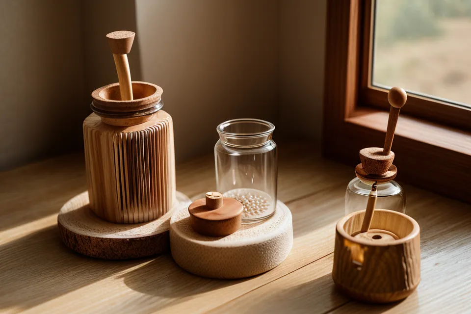 Cómo suavizar el entrecejo con maderoterapia facial tras horas diseñando: palo de madera y aceite listos sobre el escritorio
